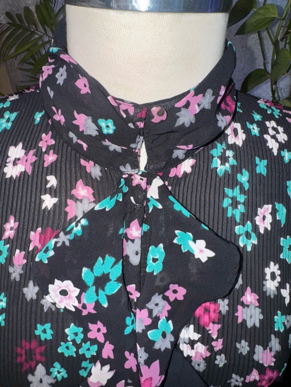 Violet & Claire Black Floral Ruffle Blouse with Pink & Teal Accents - Picture 4 of 4